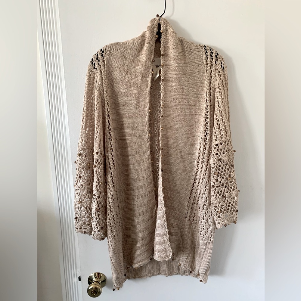 Ya-Ya crochet belted cardigan with wood bead detail